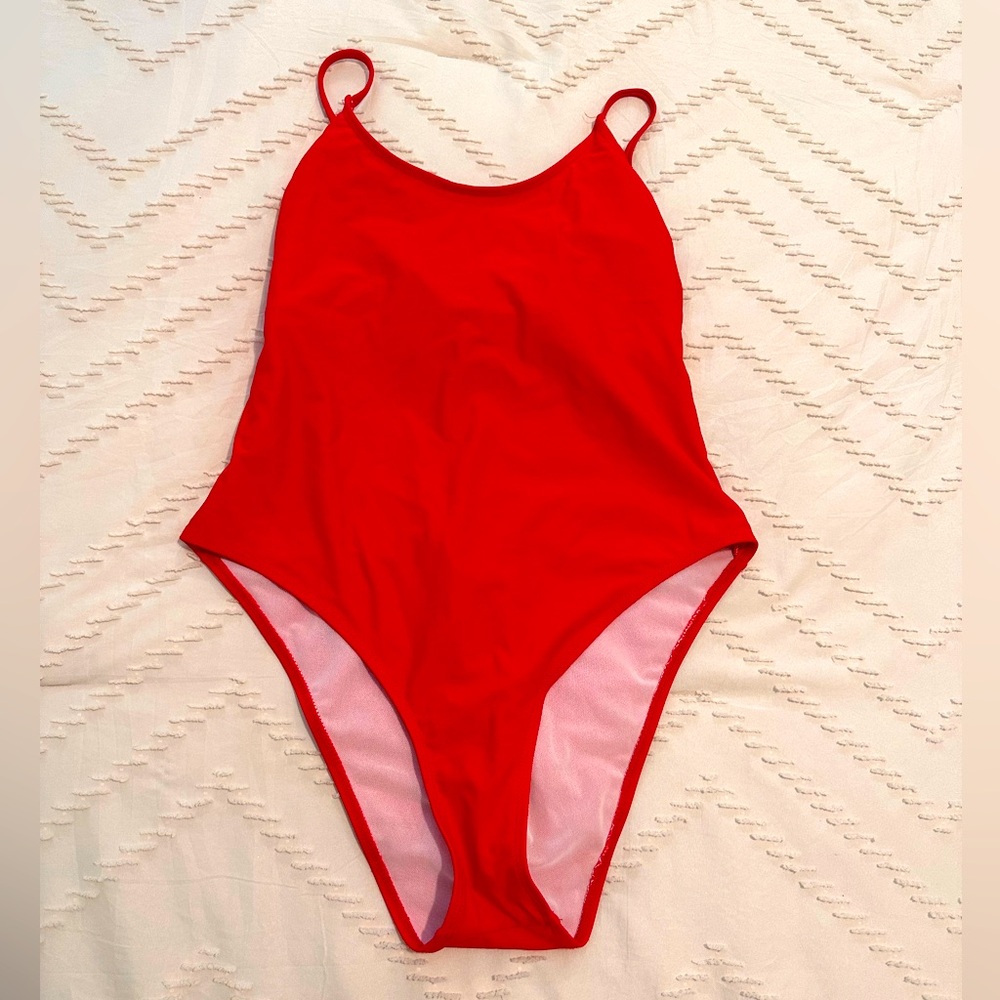 Red corset style snatch swim suit